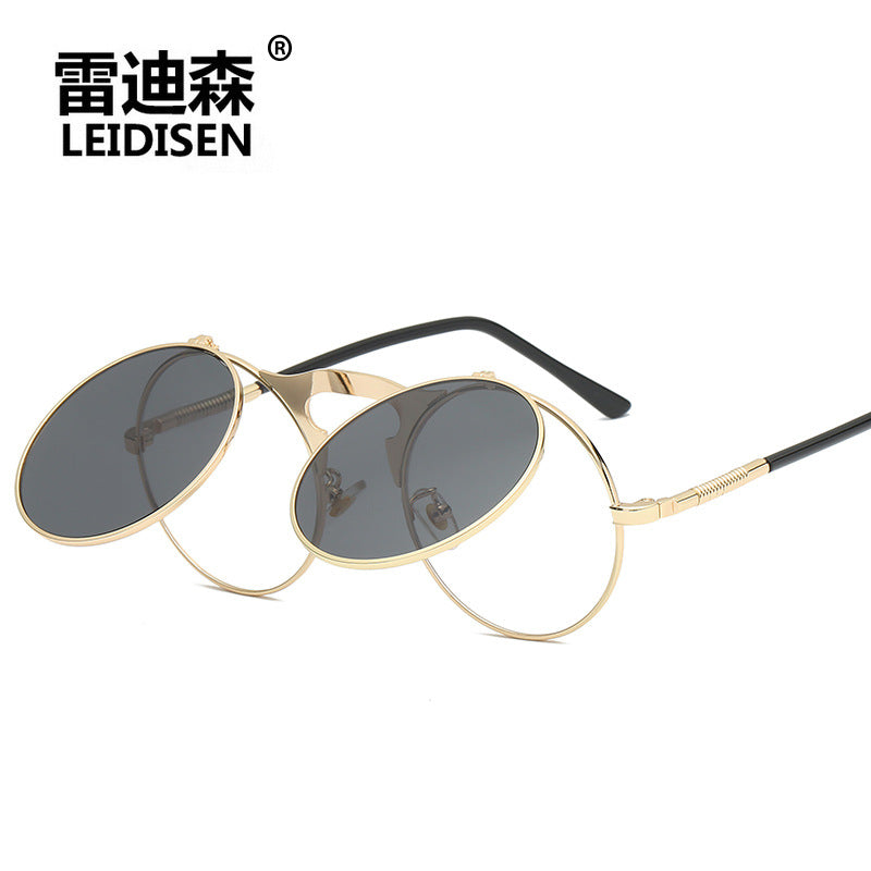 New Retro Metal Punk Steam Flip Polarized Sunglasses Men's and Women's Metal Round Sunglasses 3057