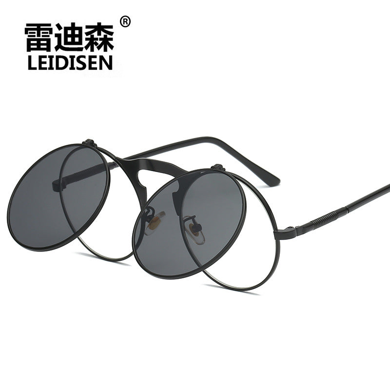 New Retro Metal Punk Steam Flip Polarized Sunglasses Men's and Women's Metal Round Sunglasses 3057