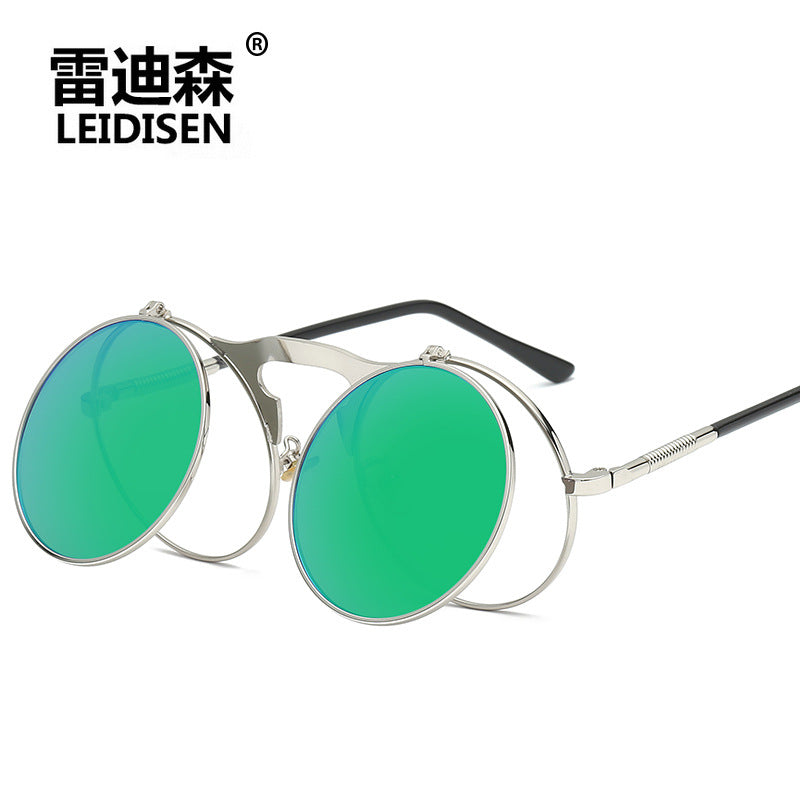 New Retro Metal Punk Steam Flip Polarized Sunglasses Men's and Women's Metal Round Sunglasses 3057