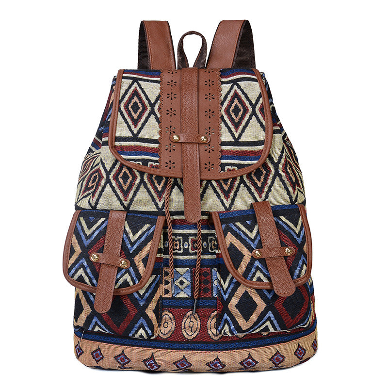 New ethnic style retro pattern backpack canvas women's bag fashion personality travel drawstring small backpack wholesale