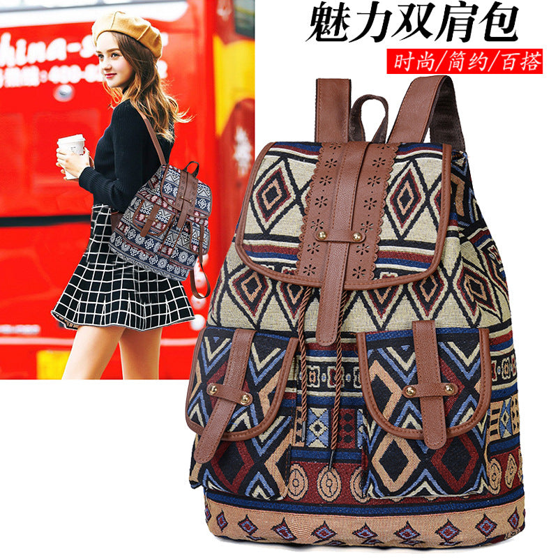 New ethnic style retro pattern backpack canvas women's bag fashion personality travel drawstring small backpack wholesale