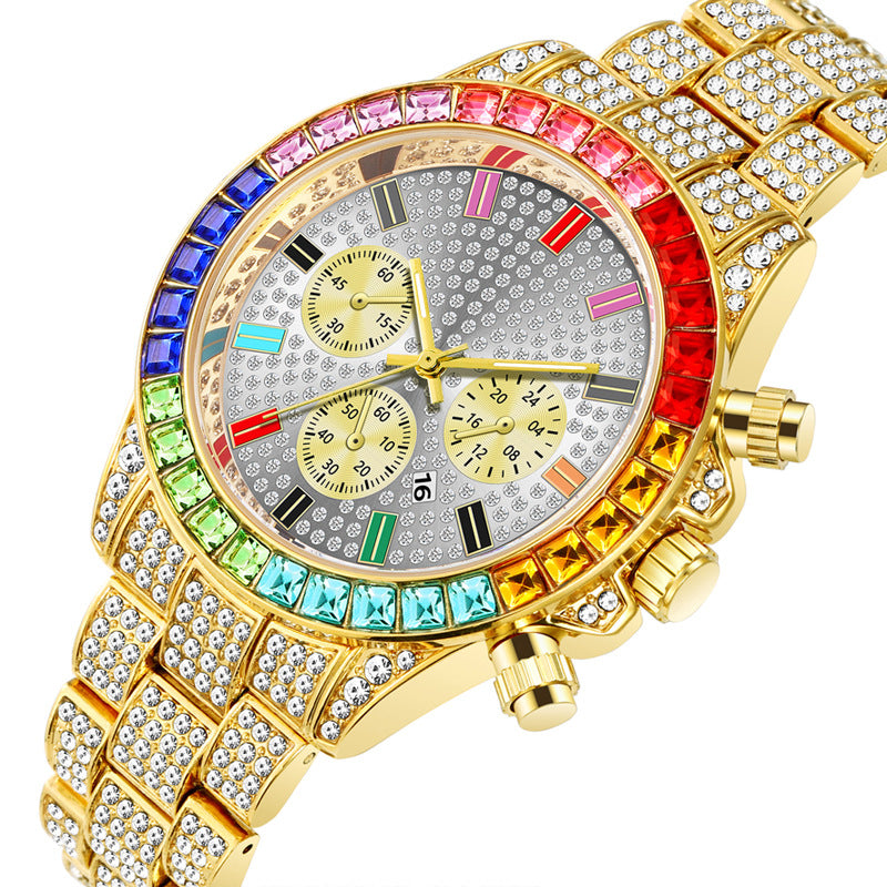 New foreign trade hot style three-eye fashion color diamond calendar diamond full diamond men's watch men's watch men's watch manufacturer