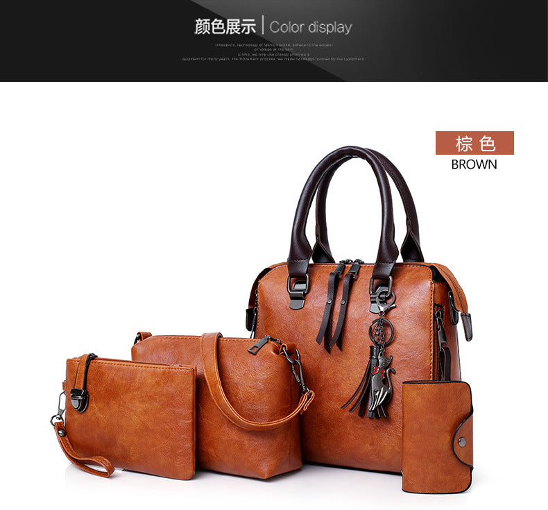 European and American retro cross-border wholesale women's bags 2025 new mother-in-law bag oily leather shoulder four-piece set women's handbag