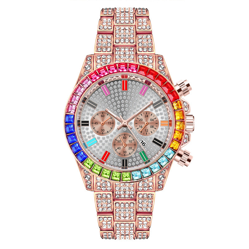 New foreign trade hot style three-eye fashion color diamond calendar diamond full diamond men's watch men's watch men's watch manufacturer